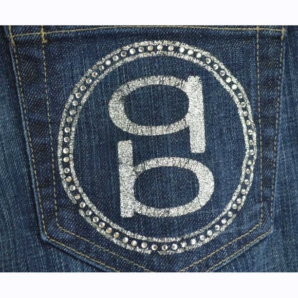 BeBe Dark Denim Jeans Size 31 Back Pocket Silver Sequin Detail Logo Boot Cut - Picture 6 of 7